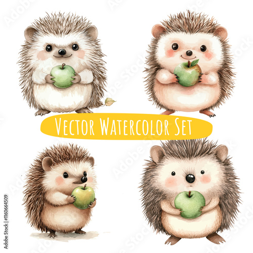 Watercolor Hedgehog Illustrations Holding Green Apples