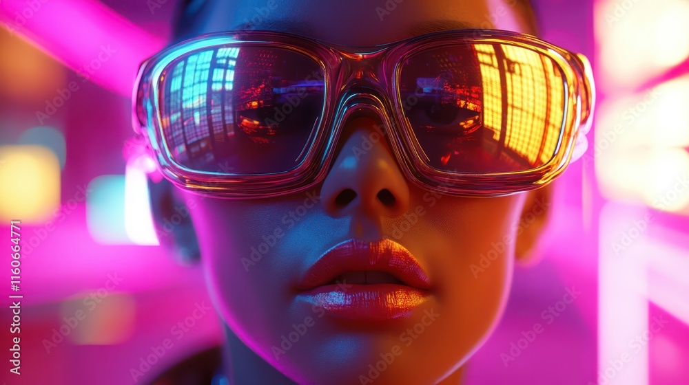 Futuristic individual with vibrant sunglasses illuminated by neon lights in a sci-fi setting Futuristic individual with vibrant sunglasses illuminated by neon lights in a sci-fi setting