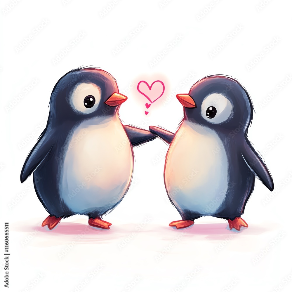 Fototapeta premium Cute penguins holding flippers with a heart between them, symbolizing love and friendship.