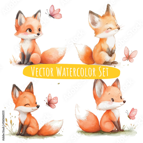 Watercolor Fox Illustrations   Whimsical Set of 4