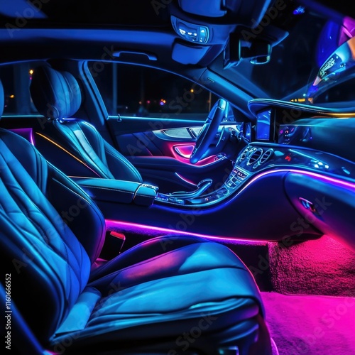 A car interior with vibrant neon lights providing a bright and modern ambiance