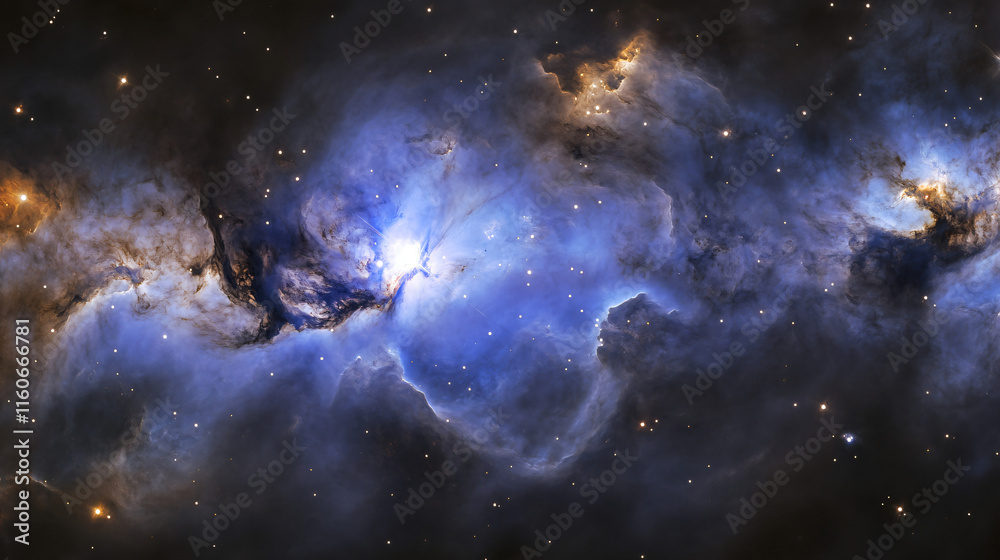 A mysterious galaxy with blue and purple hues, swirling clouds, and scattered bright stars.