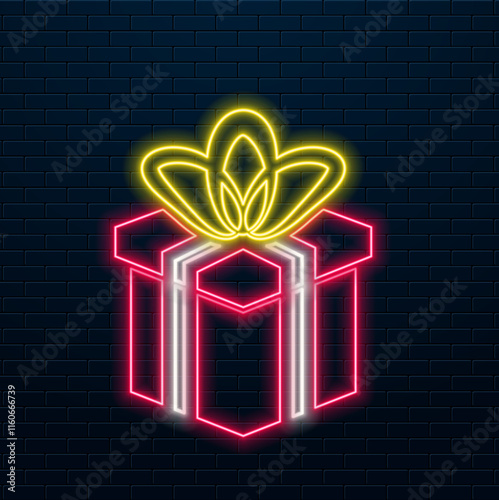 Gift box neon sign. Bright glowing symbol on brick wall background.