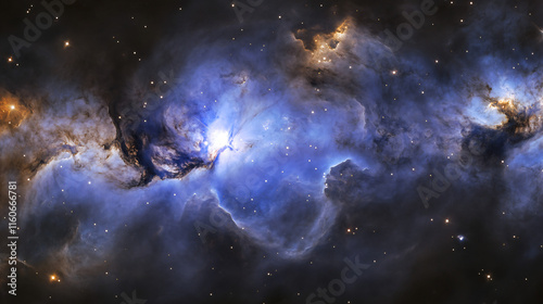 Obraz na płótnie A mysterious galaxy with blue and purple hues, swirling clouds, and scattered bright stars. w salonie