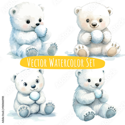 Watercolor Teddy Bears Holding Blue Balls   Set of 4