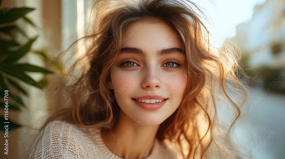 Smiling influencer enjoying a sunny day indoors with soft natural light Smiling influencer enjoying a sunny day indoors with soft natural light