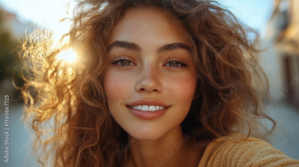 Influencer enjoying golden hour in a vibrant urban setting with radiant smile Influencer enjoying golden hour in a vibrant urban setting with radiant smile