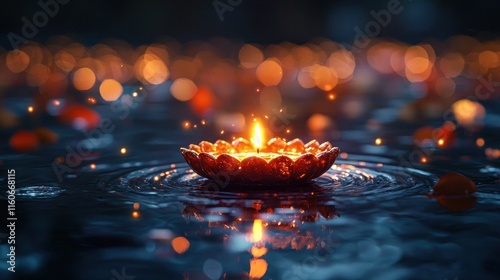 Illuminated Floating diya Candle on Water Surface with Soft Bokeh Lights photo