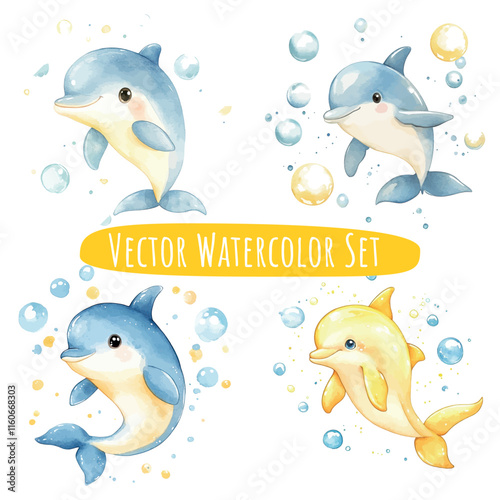 Watercolor Dolphins Jumping   Vector Illustration Set