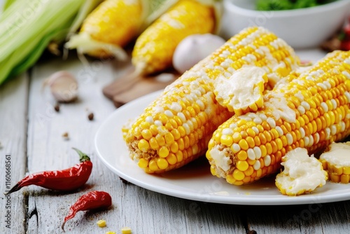 A simple yet delicious image of a white plate topped with corn covered in butter, perfect for food or cooking related use photo