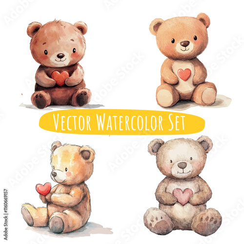 Watercolor Teddy Bears Holding Hearts   Vector Set