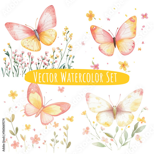 Watercolor Butterflies & Flowers Illustration Set