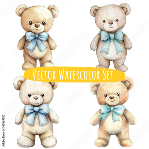 Watercolor Teddy Bears Set   Vector Illustration