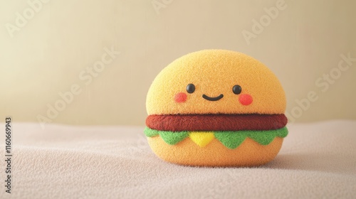 Fluffy hamburger icon with a cheerful expression and colorful toppings on a soft surface