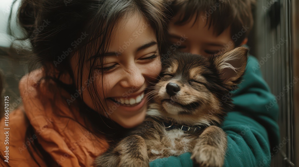 Joyful family moment during pet adoption at local shelter Joyful family moment during pet adoption at local shelter