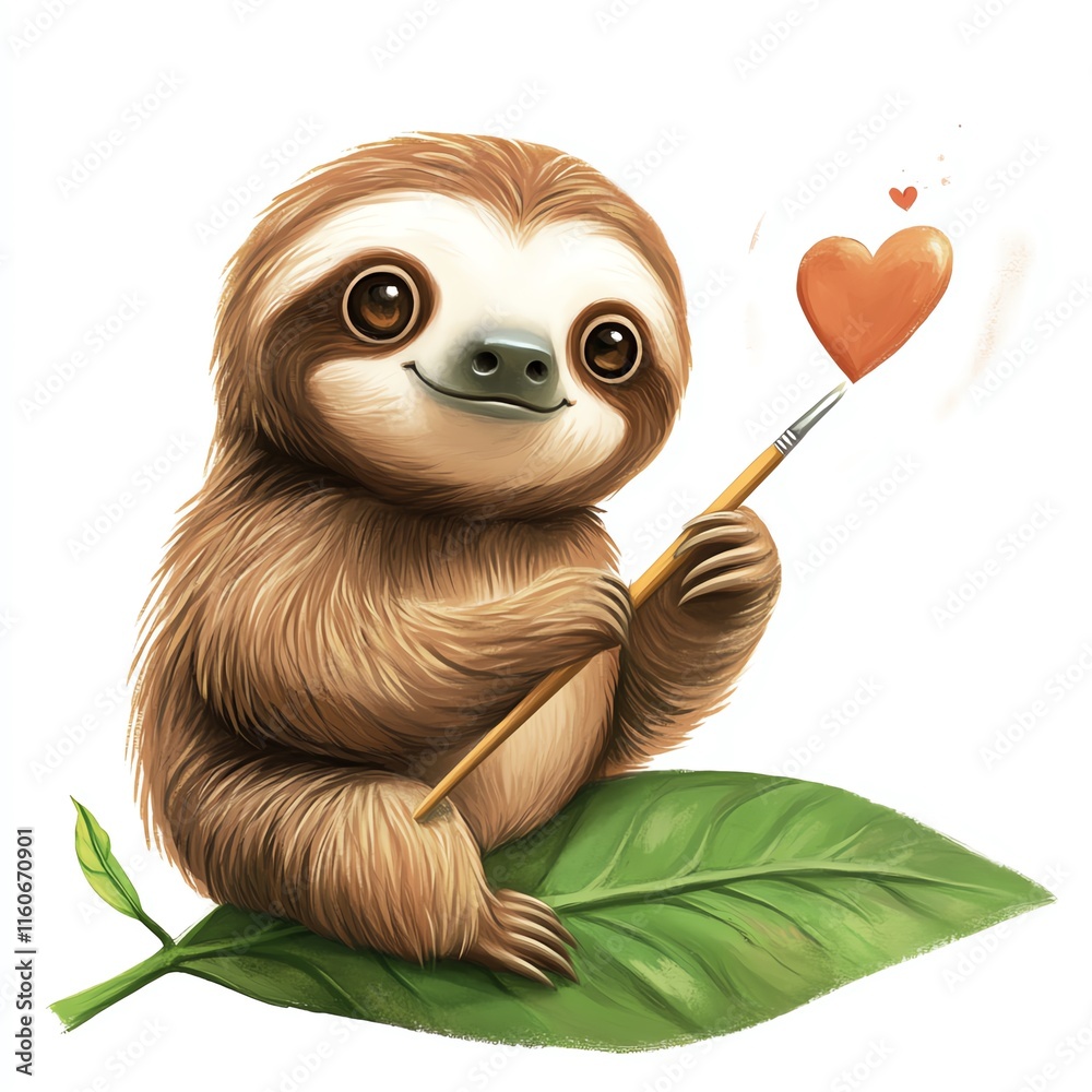 Obraz premium Cute sloth painting a heart on a leaf, showcasing a playful and artistic vibe.