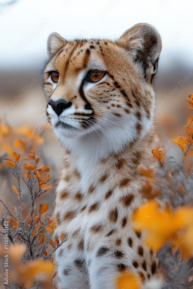 Obraz premium Majestic cheetah resting amidst vibrant autumn foliage in the wild