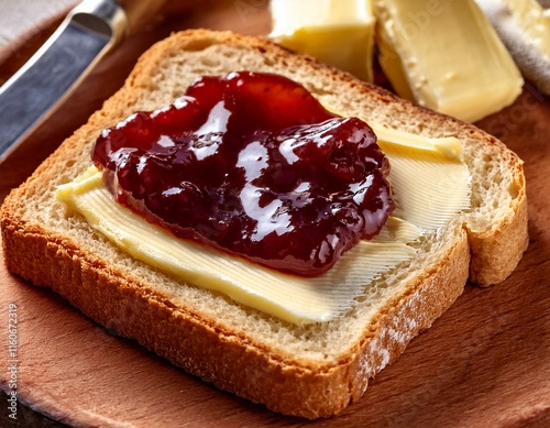 tartine de pain avec du beurre frais et de la confiture pour un petit déjeuner en ia