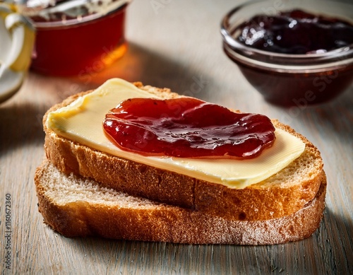 tartine de pain avec du beurre frais et de la confiture pour un petit déjeuner en ia