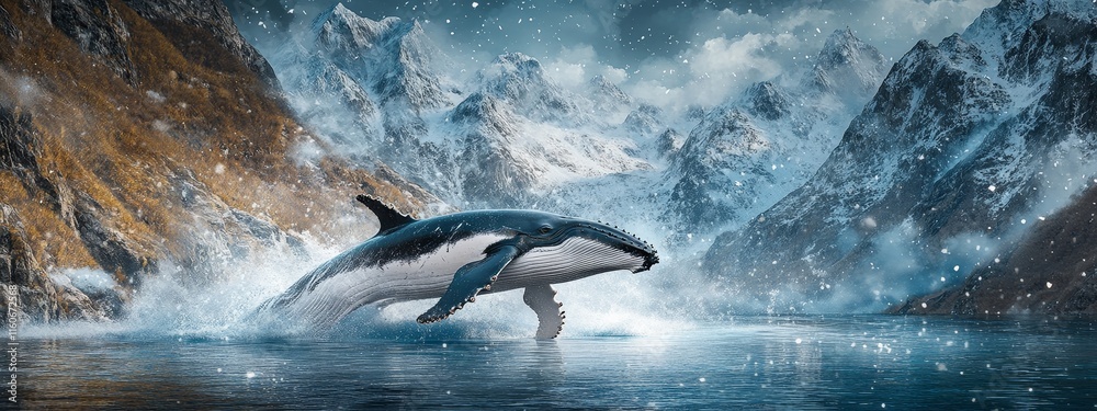 Obraz premium Majestic Humpback Whale Breaching in Alaska's Ocean, Snow-Capped Mountains, Marine Wildlife, Environmental Technology, Adventure Travel Photography