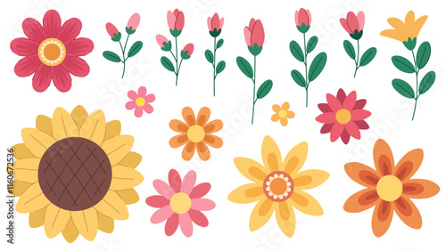 Set of spring, summer and autumn flowers. Multicolored flowers collection of vector elements for Easter, Valentines day and other holiday designs