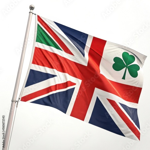 A flag combining elements of the UK and Ireland, featuring a Union Jack design with a green stripe and a shamrock emblem. photo