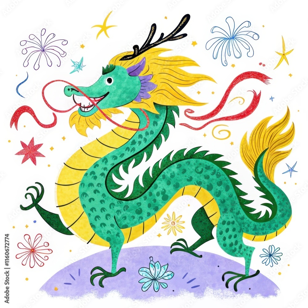 Fototapeta premium A colorful, whimsical dragon dances amidst fireworks and stars, showcasing a joyful celebration with vibrant colors and playful designs.