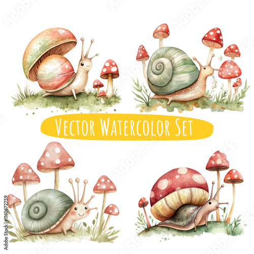 Whimsical Watercolor Snails & Mushrooms Illustration Set