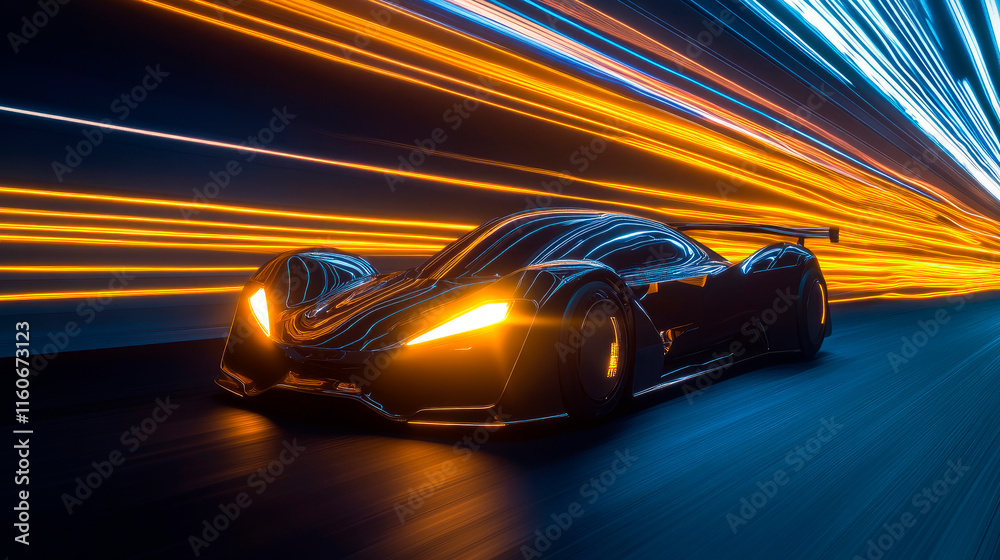 Naklejka premium A sleek futuristic concept car captured in a motion at the tunnel with yellow lights.