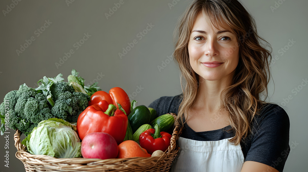 Woman seller offering fresh vegetables to customer on the market, Friendly woman tending an organic vegetable stall at a farmer's