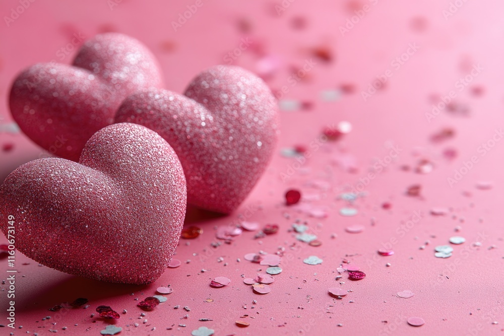 Obraz premium Three pink hearts surrounded by confetti sprinkles on a pink surface