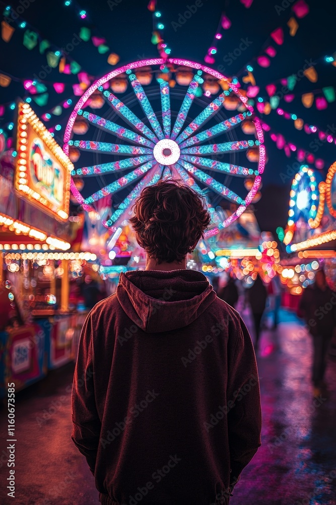 Obraz premium Person standing at a carnival at night, watching a brightly lit Ferris wheel, surrounded by colorful neon lights and festive decorations