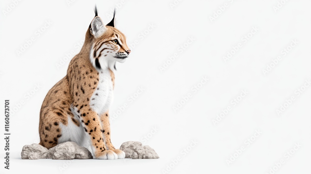 Fototapeta premium A lifelike lynx sitting on rocks against a white background.