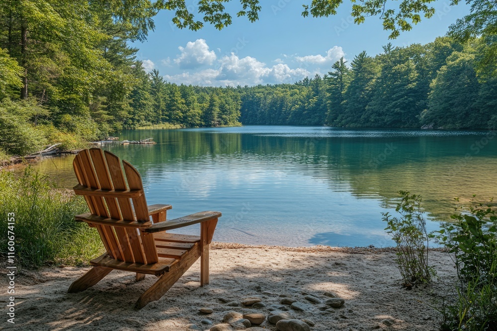 Fototapeta premium A wooden chair sits atop a sandy beach, perfect for relaxation or reading