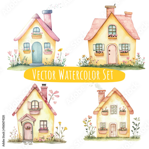Whimsical Watercolor House Illustrations Set of 4