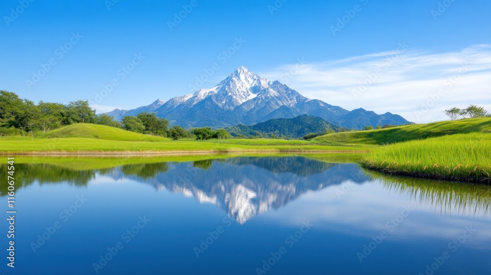 Scenic mountain landscape reflected in a tranquil lake.