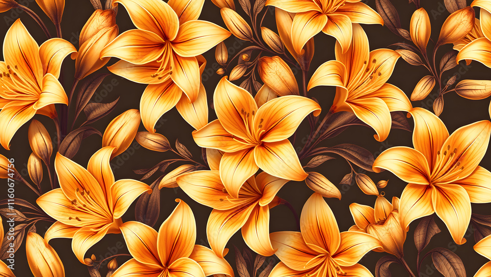 Fototapeta premium Vintage luxury seamless floral background with golden lilies flowers amaryllis. Romantic pattern template for wall decor, wallpaper, wedding invitations, ceremonies, cards. 