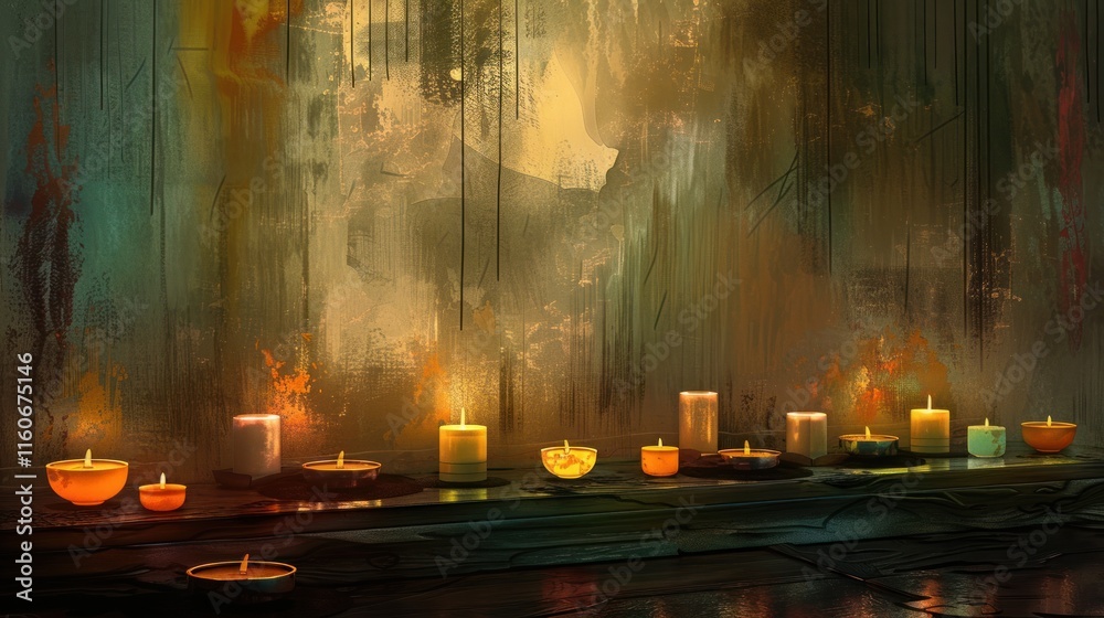 Fototapeta premium Candles illuminating a dimly lit, stylized, abstract room with textured walls.