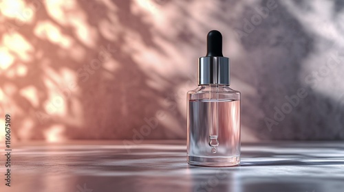 Clear serum dropper bottle showcasing skincare product on a minimalist background in bright light photo