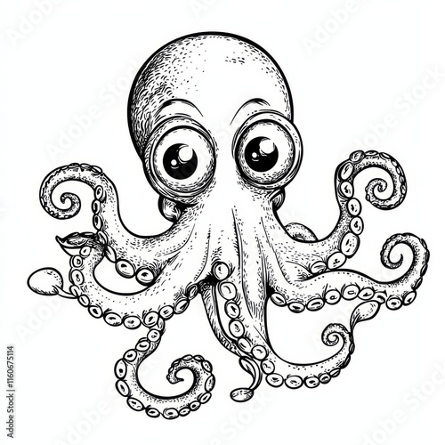 Adorable Cartoon Octopus: A charming illustration of a friendly octopus with big, expressive eyes and curly tentacles. Perfect for children's books, greeting cards. photo