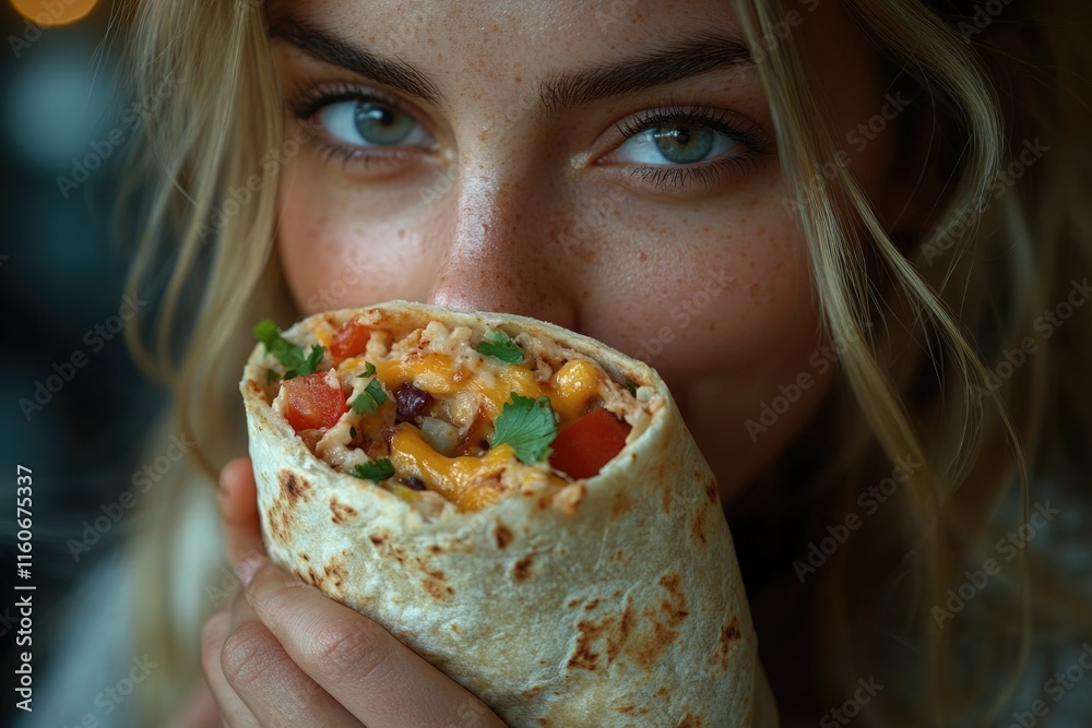 A person covering their face with a wrapped burrito, possibly for comedic or dramatic effect A person covering their face with a wrapped burrito, possibly for comedic or dramatic effect