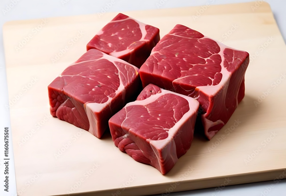 Fresh raw beef slices for goulash on wooden kitchen cutting board Fresh raw beef slices for goulash on wooden kitchen cutting board