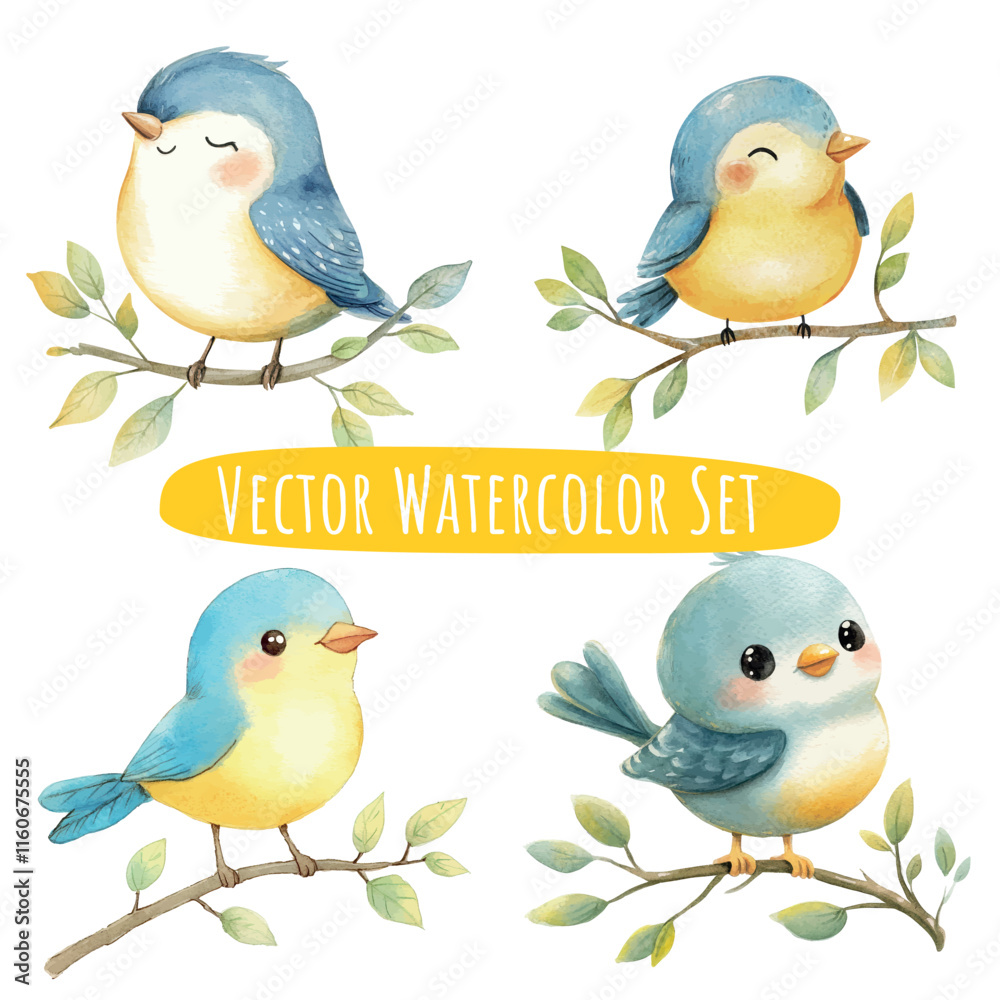 Fototapeta premium Whimsical Blue & Yellow Birds Watercolor Illustration Set