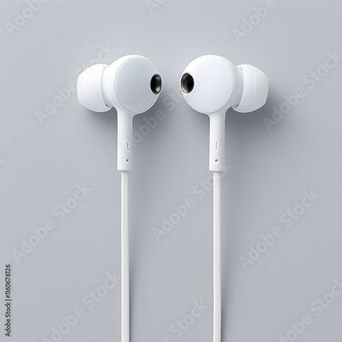 Close-Up View of White Earphones with Silicone Tips and 3.5mm Jack, Coil Position on Light Background photo