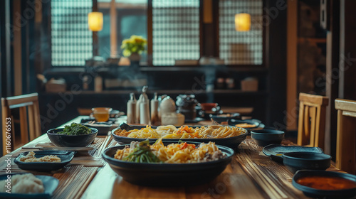 table setting at restaurant, Korean food, vegan,  photo