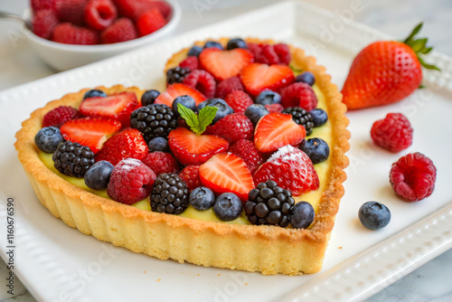 a white plate topped with a tare of fruit photo