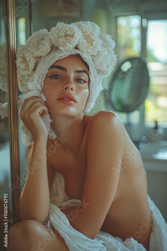 Woman sitting by her mirror at home, removing her elaborate headdress and wiping away her makeup,