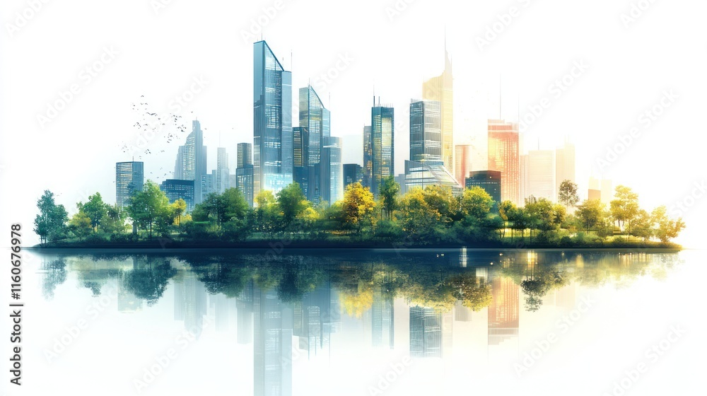 Fototapeta premium Eco-friendly city skyline reflected in water.