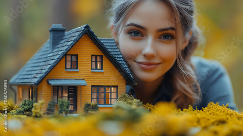 Portrait of girl and model house next door