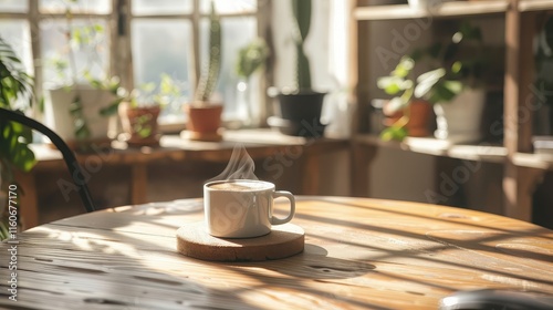 Wallpaper Mural A steaming cup of coffee on a wooden table with soft sunlight streaming through the window, creating a cozy morning vibe. Torontodigital.ca